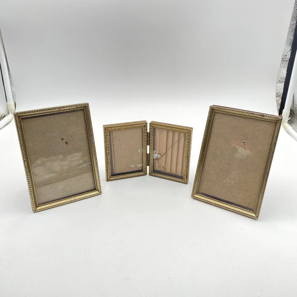 Vintage Gold Metal Picture Frame Set Embossed Diamond 3 Piece Lot Mid Century